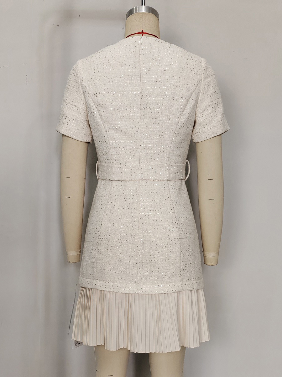 Apricot Tweed Dress With Short Sleeves And Gold Buttons For Summer 2026