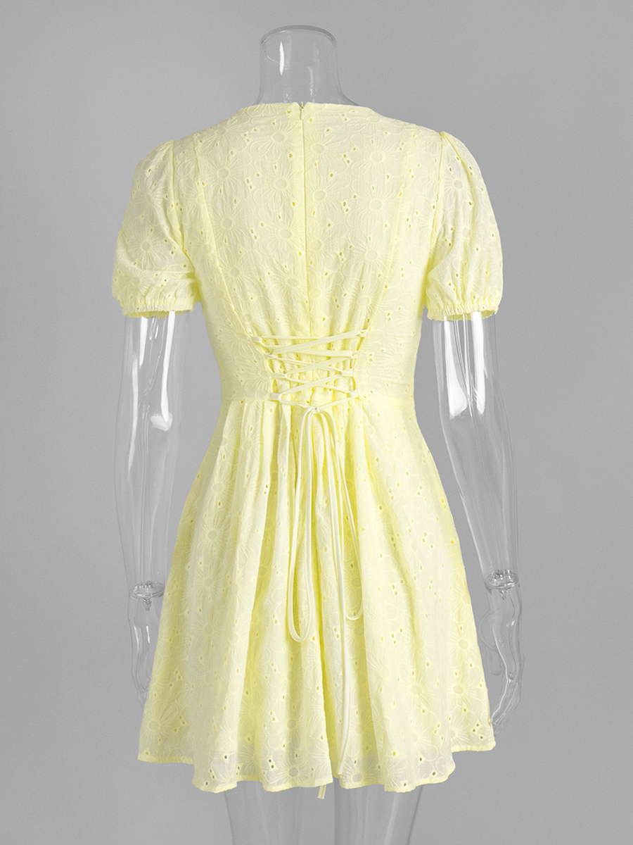 Yellow Eyelet Mini Dress With V-Neck And Puff Sleeves For Summer 2026