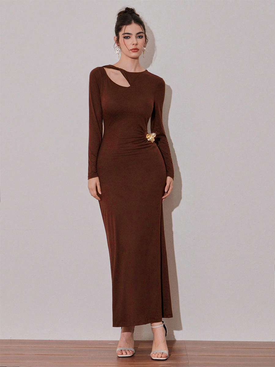 Cutout Side Ruched Maxi Party Dress With Gold Metal Accent For Women 2026