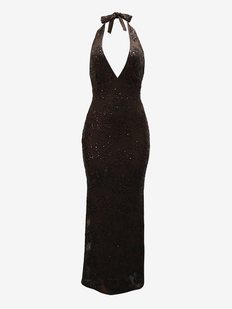 Deep V Neck Sequin Floral Halter Backless Bodycon Maxi Dress For Women 2026
