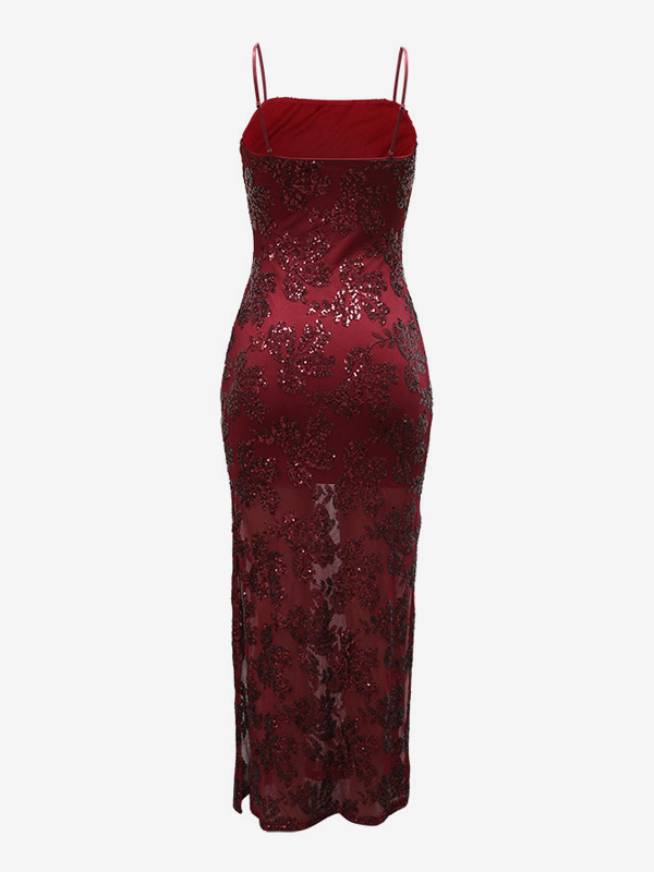 Sequin Floral Embroidery Sheer Hem Bodycon Maxi Dress For Women 2026