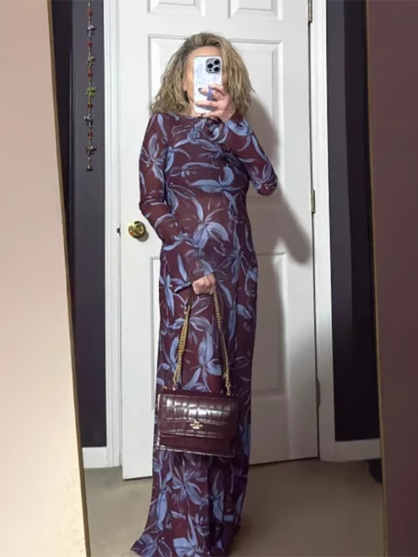 Floral Print Long Sleeve Slim Fit Maxi Bodycon Retro Dress For Women 2026