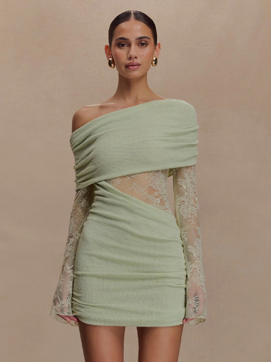 Off Shoulder Lace Long Sleeve Ruched Mini Bodycon Dress For Women 2026