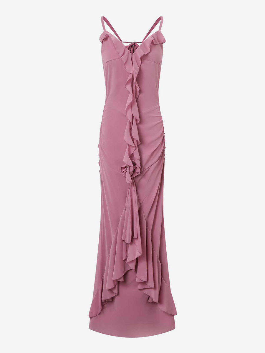 Rosette Ruffle Backless Ruched Mermaid Maxi Dress For Women 2026