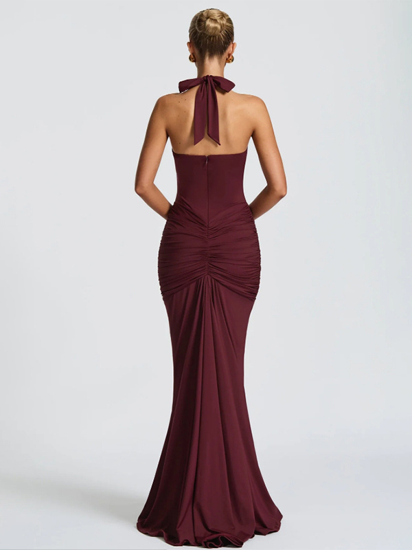 Deep V Neck Halter Ruched Bodycon Floor Length Mermaid Gown For Women 2026