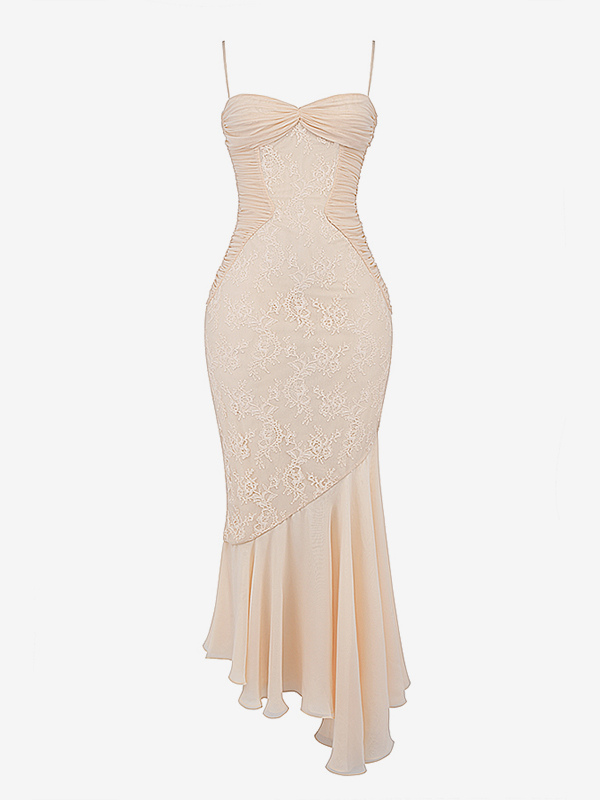 Lace Patchwork Ruched Cami Bodycon Mermaid Maxi Dress For Women 2026