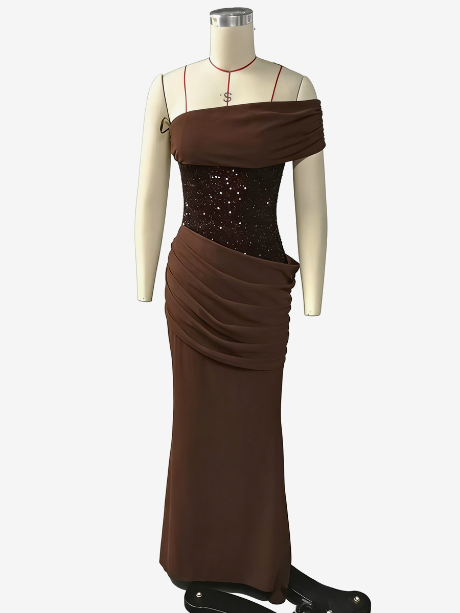 One Shoulder Ruched Waist Sequin Maxi Party Dress For Women 2026