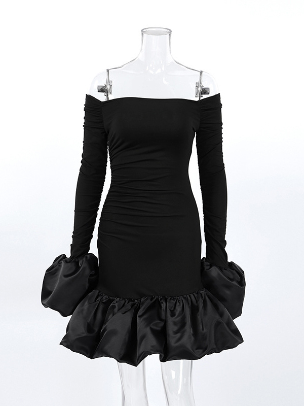 Off Shoulder Puff Hem Ruched Long Sleeve Bodycon Mini Dress For Women 2026