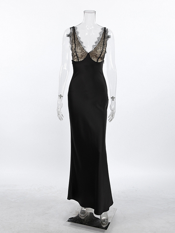 Elegant Lace V-Neck Slim Fit Slip Summer Long Dress For Women 2026