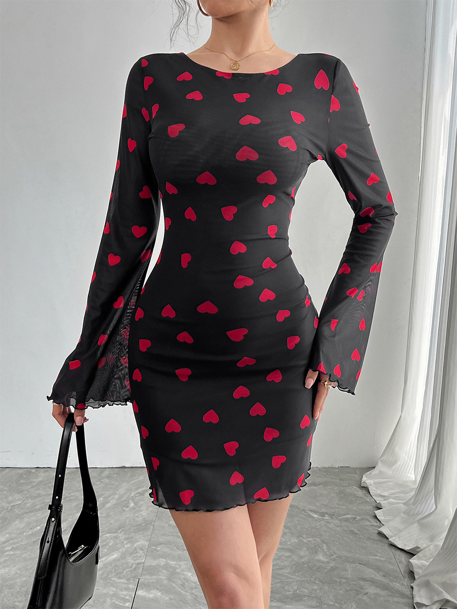 Backless Heart Print Long Sleeve Mini Dress For Women 2026