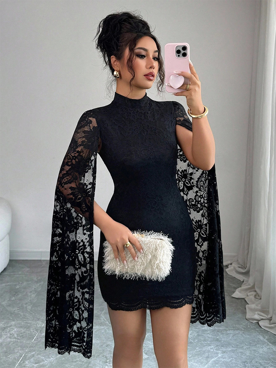 Cape Sleeve High Neck Floral Lace Bodycon Mini Dress For Women 2026