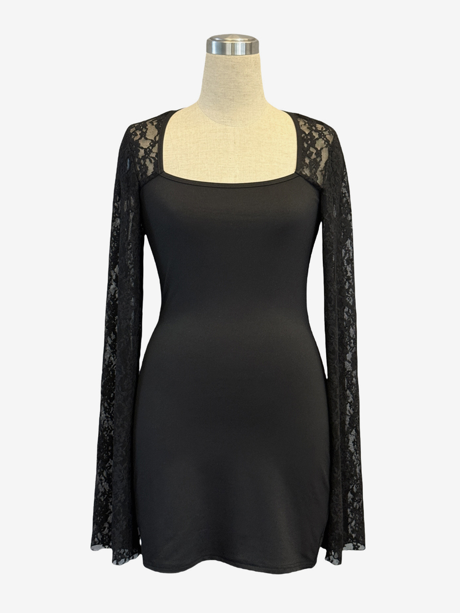 Square Neck Lace Flare Long Sleeve Bodycon Mini Dress For Women 2026