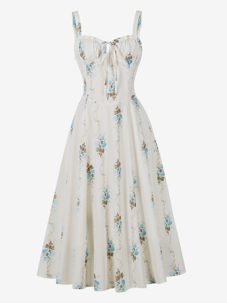 Floral Print Ruched Bust Sleeveless A Line Midi Tea Dress For Women 2026