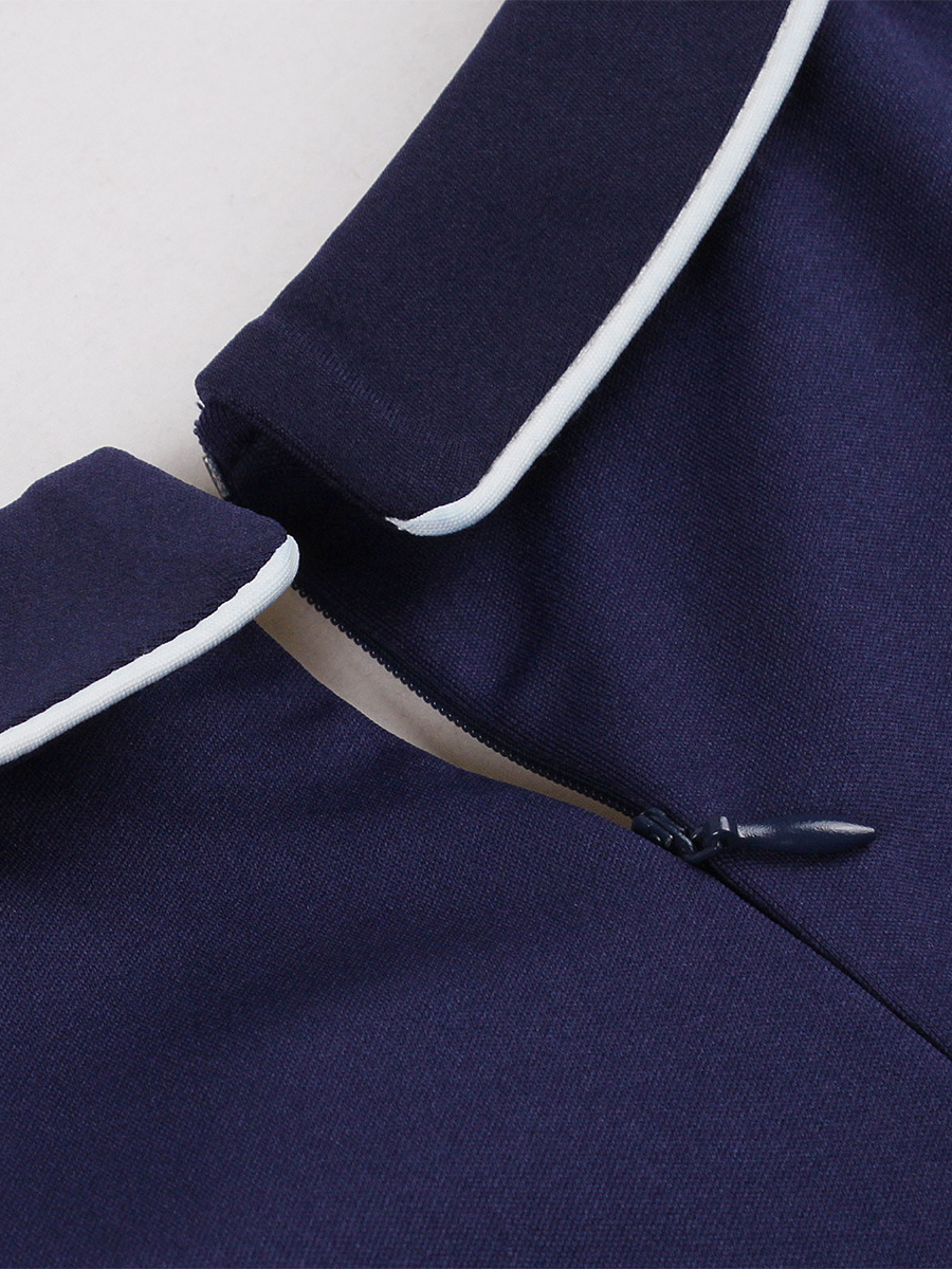 Contrast Piping Bow Neck Button Decor Pleated A Line Swing Dress For Women 2026