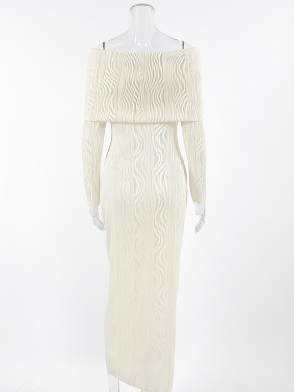 Pleated Off Shoulder Women's Maxi Dress - Elegant Cream Textured Bodycon Gown - Long Sleeve Party Wear 2026