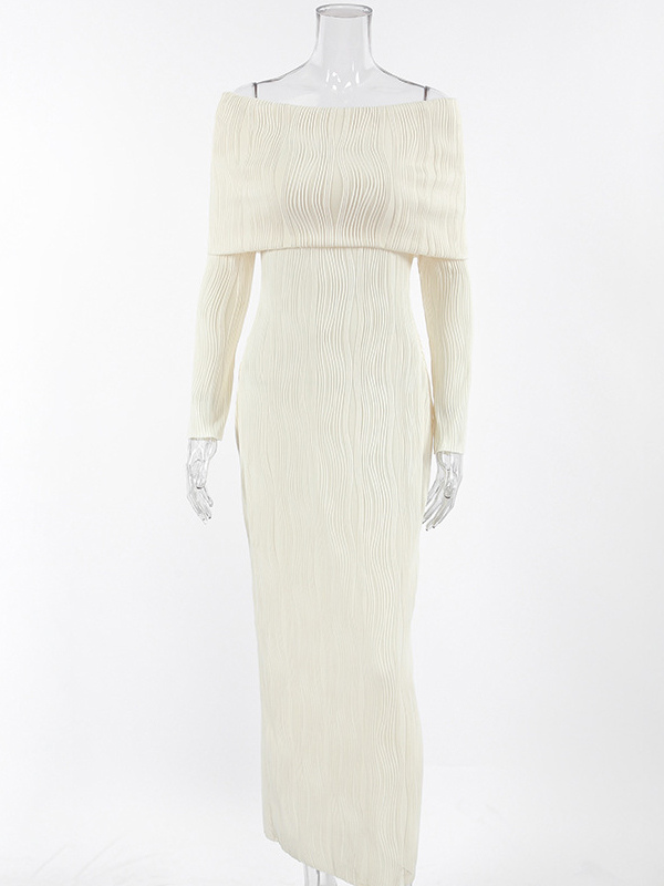 Pleated Off Shoulder Women's Maxi Dress - Elegant Cream Textured Bodycon Gown - Long Sleeve Party Wear 2026