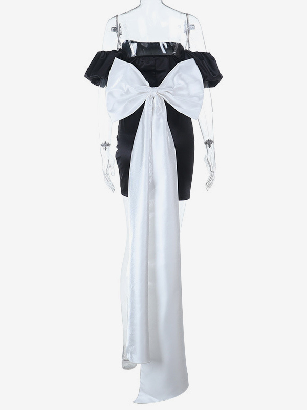 Black Bodycon Women's Mini Dress - Off Shoulder White Bow Back With Train - Sexy Strapless Summer Birthday Party Gown 2026
