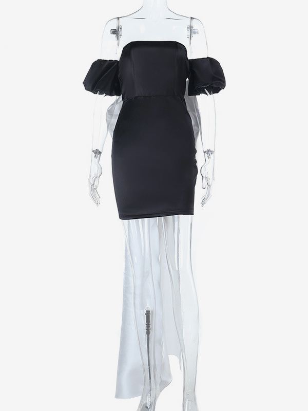 Black Bodycon Women's Mini Dress - Off Shoulder White Bow Back With Train - Sexy Strapless Summer Birthday Party Gown 2026