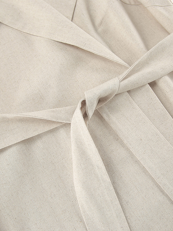 Oatmeal Linen Cotton Blend Women's Shirt Dress - Sleeveless Notched Lapel Long Dress With Pocket - Elegant Belted Summer Office Wear 2026