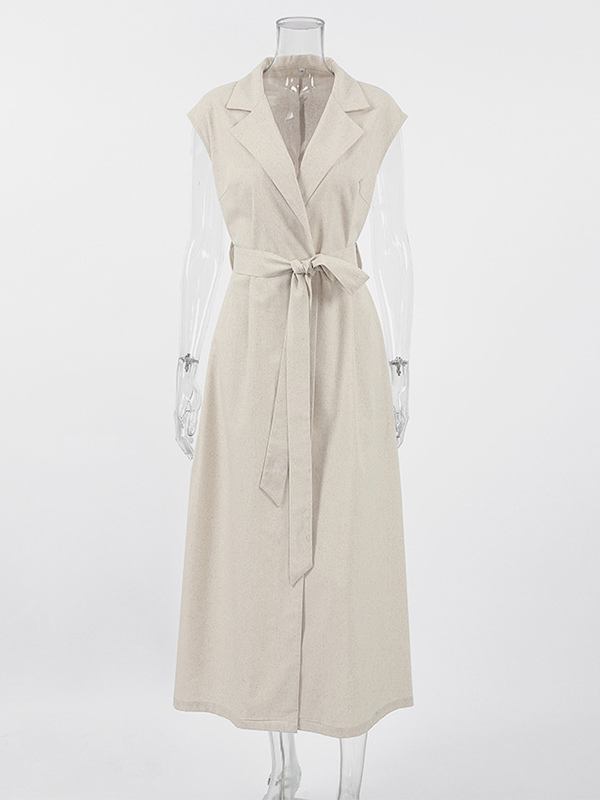 Oatmeal Linen Cotton Blend Women's Shirt Dress - Sleeveless Notched Lapel Long Dress With Pocket - Elegant Belted Summer Office Wear 2026