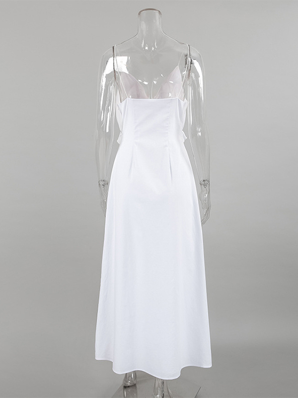 White 100% Cotton Women's Maxi Dress - Spaghetti Strap Ruched Bust Sundress - Sexy V-neck Ruffle Trim Beach Vacation Long Dress 2026
