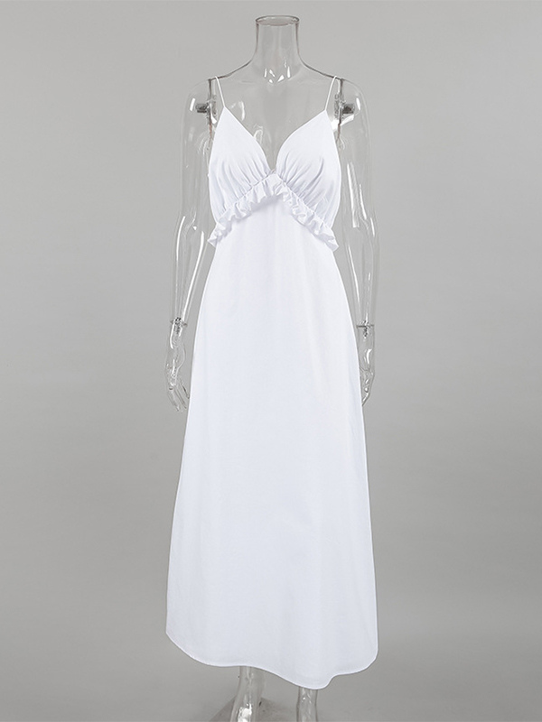 White 100% Cotton Women's Maxi Dress - Spaghetti Strap Ruched Bust Sundress - Sexy V-neck Ruffle Trim Beach Vacation Long Dress 2026