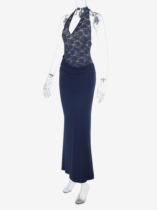 Navy Blue Halter Women's Maxi Dress - Asymmetric Lace Patchwork Backless Gown - Sexy Bodycon Summer Birthday Party Wear 2026