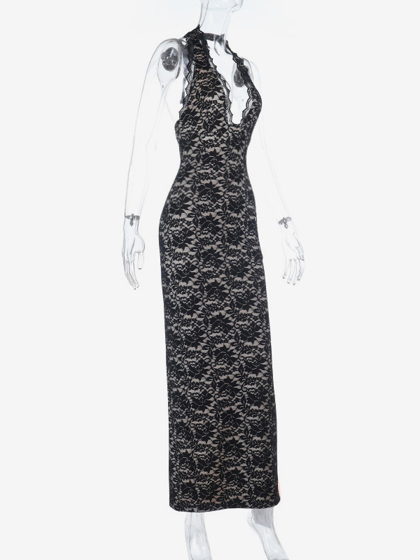 Black Lace Overlay Women's Maxi Dress - Halter Backless Nude Lining Gown - Sexy Bodycon Night Out Party Dress 2026