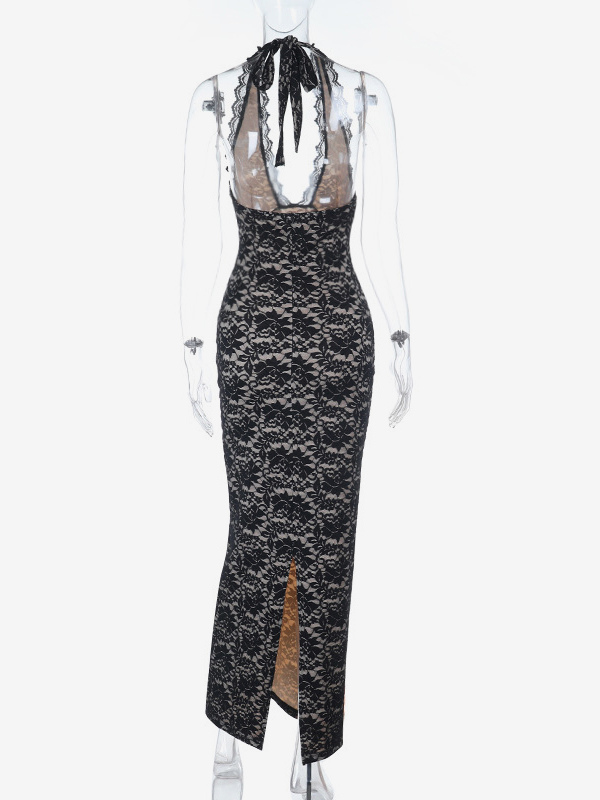 Black Lace Overlay Women's Maxi Dress - Halter Backless Nude Lining Gown - Sexy Bodycon Night Out Party Dress 2026