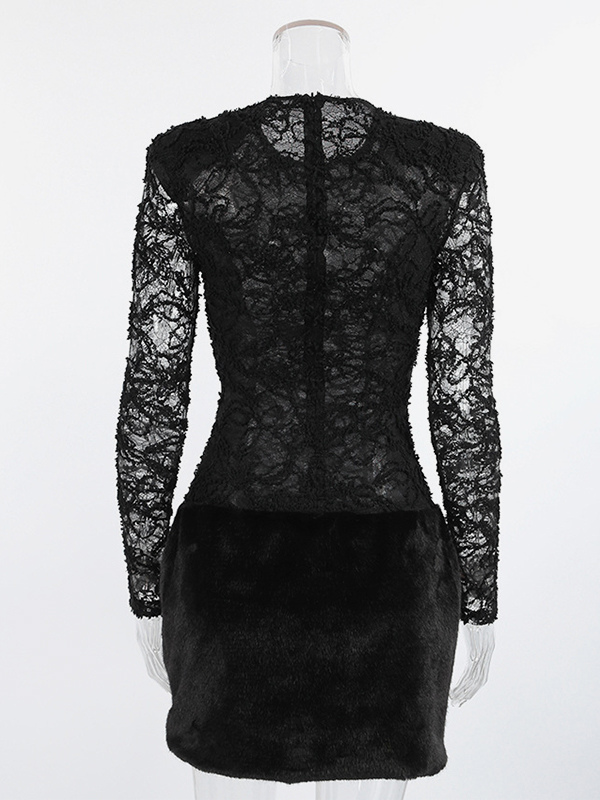 Black Lace Faux Fur Women Mini Dress - Sexy Long Sleeve Sheer Top - Goth Aesthetic Spring Night Out Cocktail Party 2026