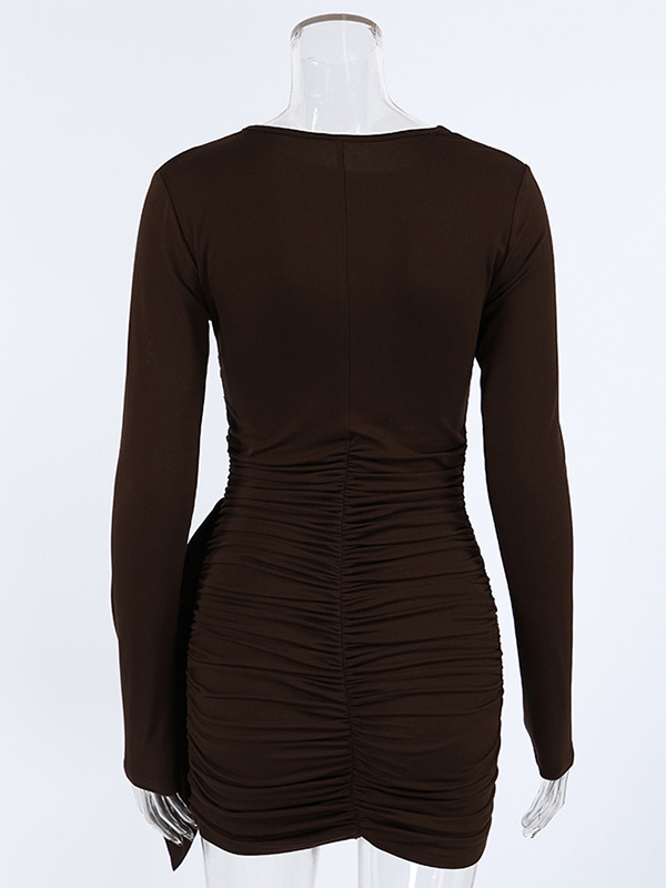 Chic Women's Coffee Bodycon Dress - Sexy Ruched Design Long Sleeve Mini Cut - Minimalist Spring Clubwear 2026