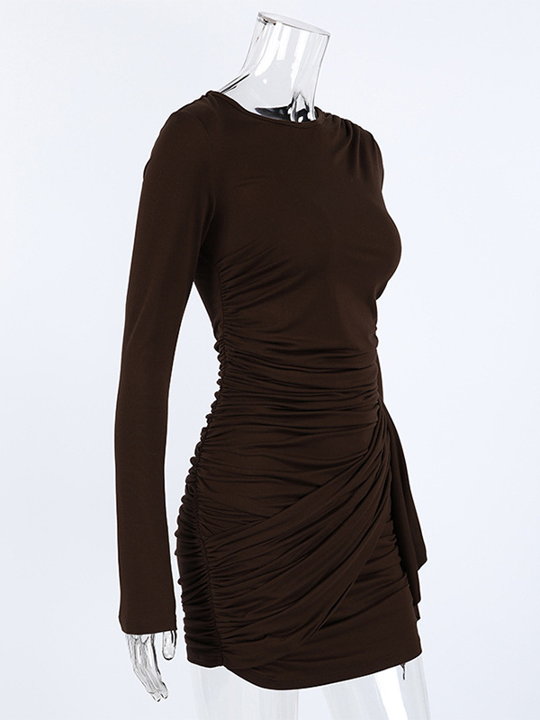Chic Women's Coffee Bodycon Dress - Sexy Ruched Design Long Sleeve Mini Cut - Minimalist Spring Clubwear 2026