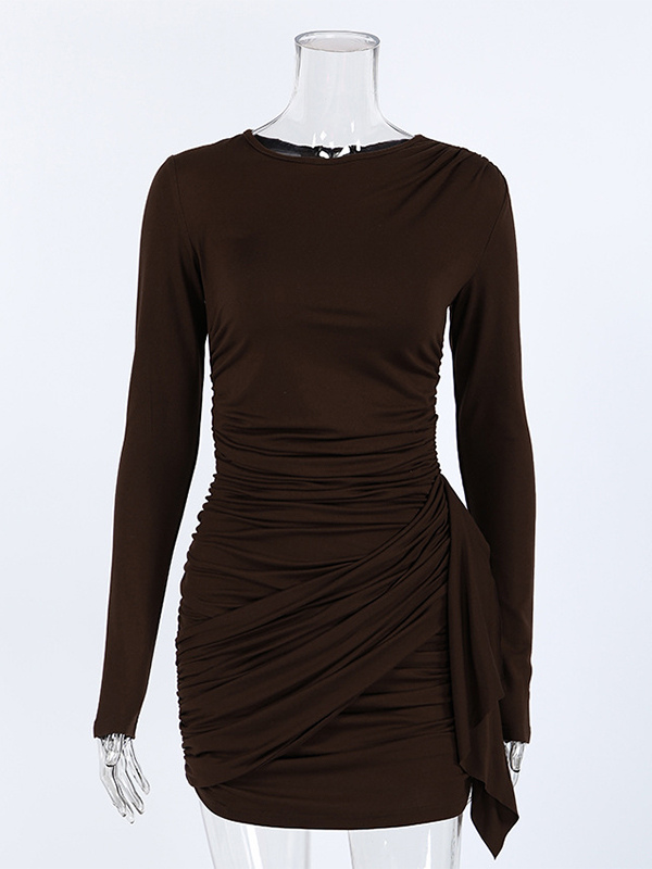 Chic Women's Coffee Bodycon Dress - Sexy Ruched Design Long Sleeve Mini Cut - Minimalist Spring Clubwear 2026