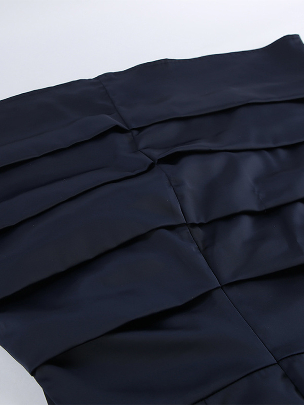 Navy Blue Satin Mini Dress For Women - Elegant Ruched Stand Collar Flare Sleeve - Spring Cocktail Party 2026