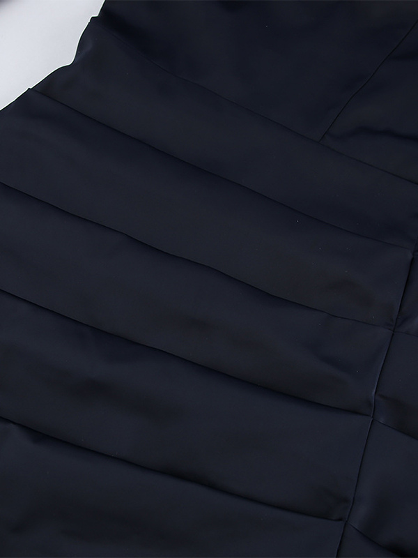 Navy Blue Satin Mini Dress For Women - Elegant Ruched Stand Collar Flare Sleeve - Spring Cocktail Party 2026