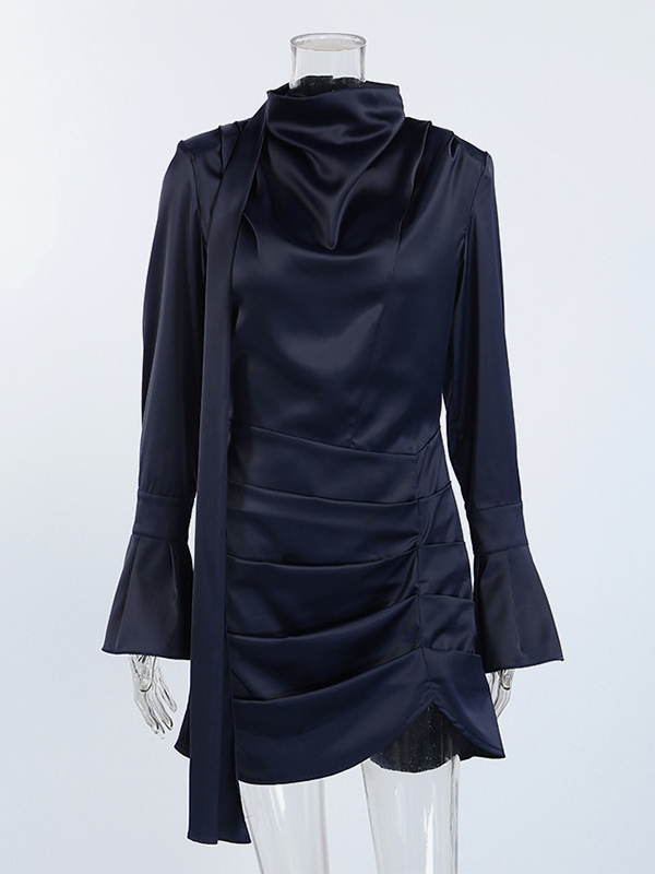 Navy Blue Satin Mini Dress For Women - Elegant Ruched Stand Collar Flare Sleeve - Spring Cocktail Party 2026