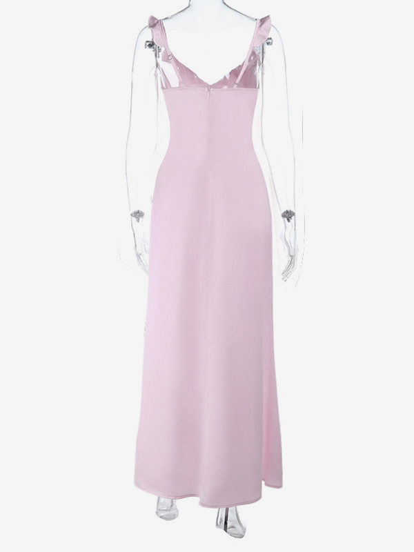 Baby Pink Women Maxi Dress - Elegant Ruffle V-Neck Tie Front Slip - Coquette Aesthetic Summer Vacation Beach Dress 2026