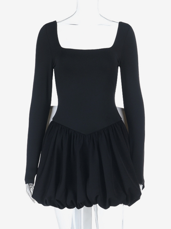 Square Neck Women Bubble Mini Dress With Big Bow - Black Long Sleeve Elegant Contrast - Audrey Style Spring Party Wear 2026