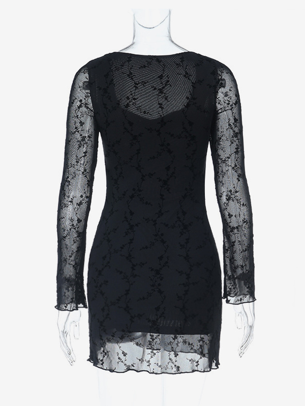 Vintage Floral Lace Women Bodycon Mini Dress - Sexy Sheer Long Sleeve Square Neck - Coquette Aesthetic Spring Date Night 2026