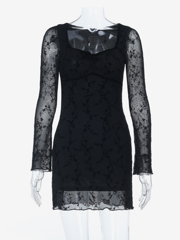 Vintage Floral Lace Women Bodycon Mini Dress - Sexy Sheer Long Sleeve Square Neck - Coquette Aesthetic Spring Date Night 2026