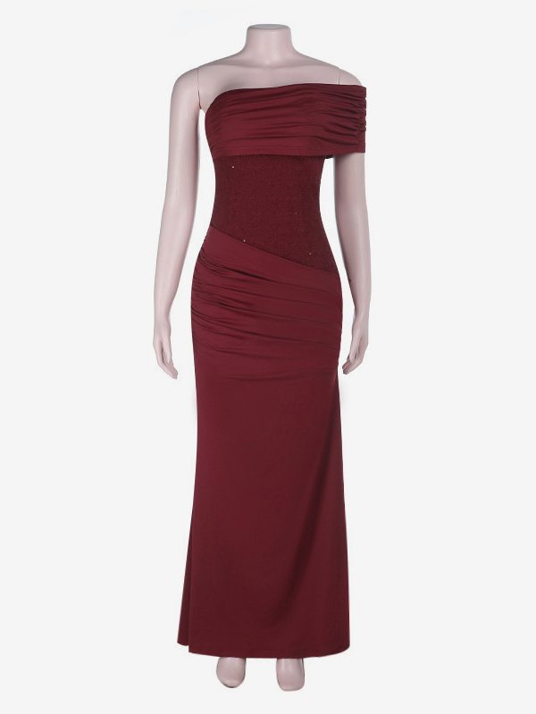 Burgundy One Shoulder Women's Maxi Gown - Elegant Ruched Bodycon Long Dress - Old Money Aesthetic Evening Party Wear 2026