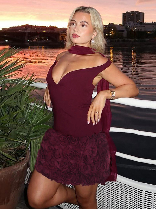 3D Rose Petal Hem Burgundy Women Mini Dress - Romantic Bodycon Dress With Scarf - Coquette Aesthetic Summer Party Outfit 2026