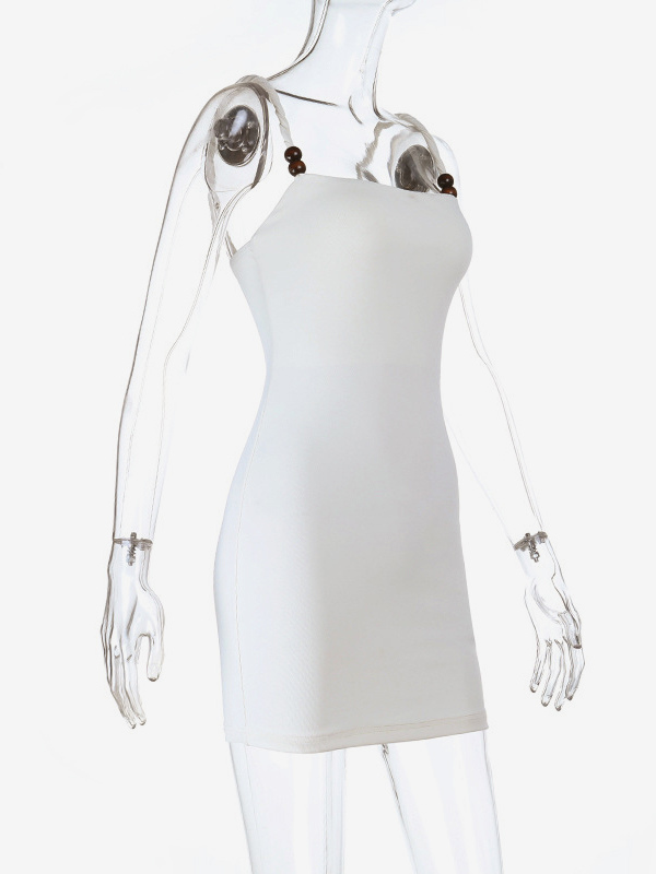 Beaded Strap Women's Mini Dress - Minimalist White Cami Bodycon - Coastal Grandmother Summer Vacation Beach Dress 2026