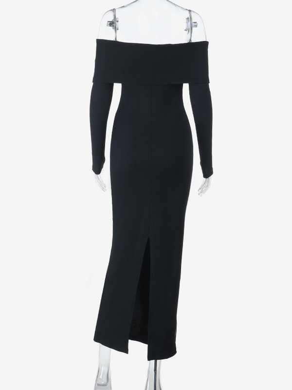 Off Shoulder Women's Maxi Dress - Elegant Pearl Beaded Back Slit Black Bodycon - Spring Party Wear 2026