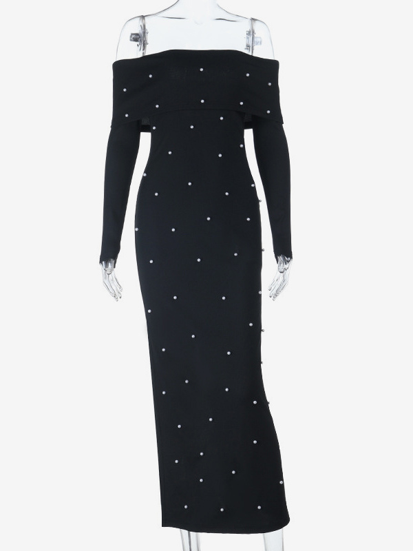 Off Shoulder Women's Maxi Dress - Elegant Pearl Beaded Back Slit Black Bodycon - Spring Party Wear 2026