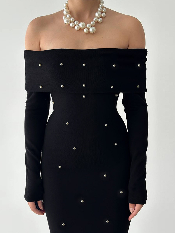 Off Shoulder Women's Maxi Dress - Elegant Pearl Beaded Back Slit Black Bodycon - Spring Party Wear 2026
