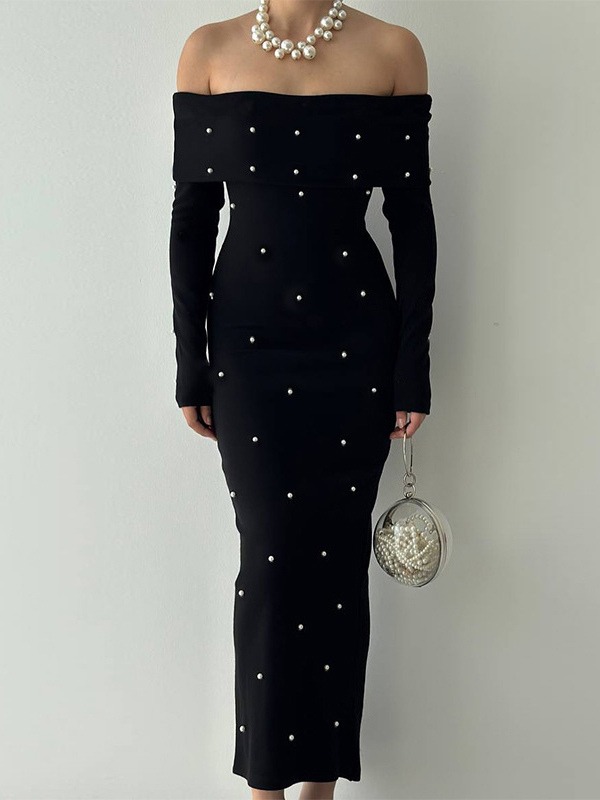 Off Shoulder Women's Maxi Dress - Elegant Pearl Beaded Back Slit Black Bodycon - Spring Party Wear 2026