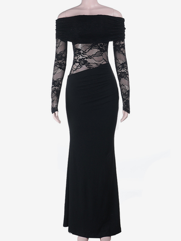 Off Shoulder Lace Patchwork Maxi Dress For Women - Black Gothic Sheer Sleeve Bodycon Gown - Spring Gala Party Outfits 2026
