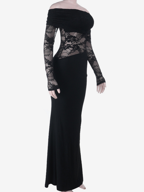 Off Shoulder Lace Patchwork Maxi Dress For Women - Black Gothic Sheer Sleeve Bodycon Gown - Spring Gala Party Outfits 2026