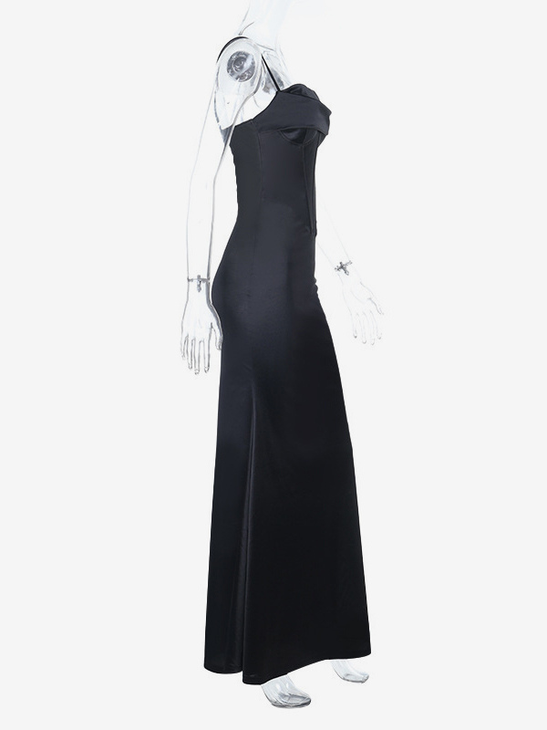 Spaghetti Strap Corset Maxi Dress For Women - Black Elegant Bodycon Gown - Spring Evening Wedding Guest 2026